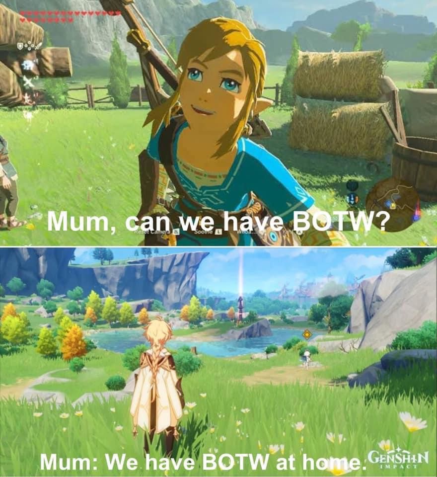 A meme comparing Breath of the Wild to Genshin Impact and a child asking if they have it at home, only to be told that they have Genshin Impact