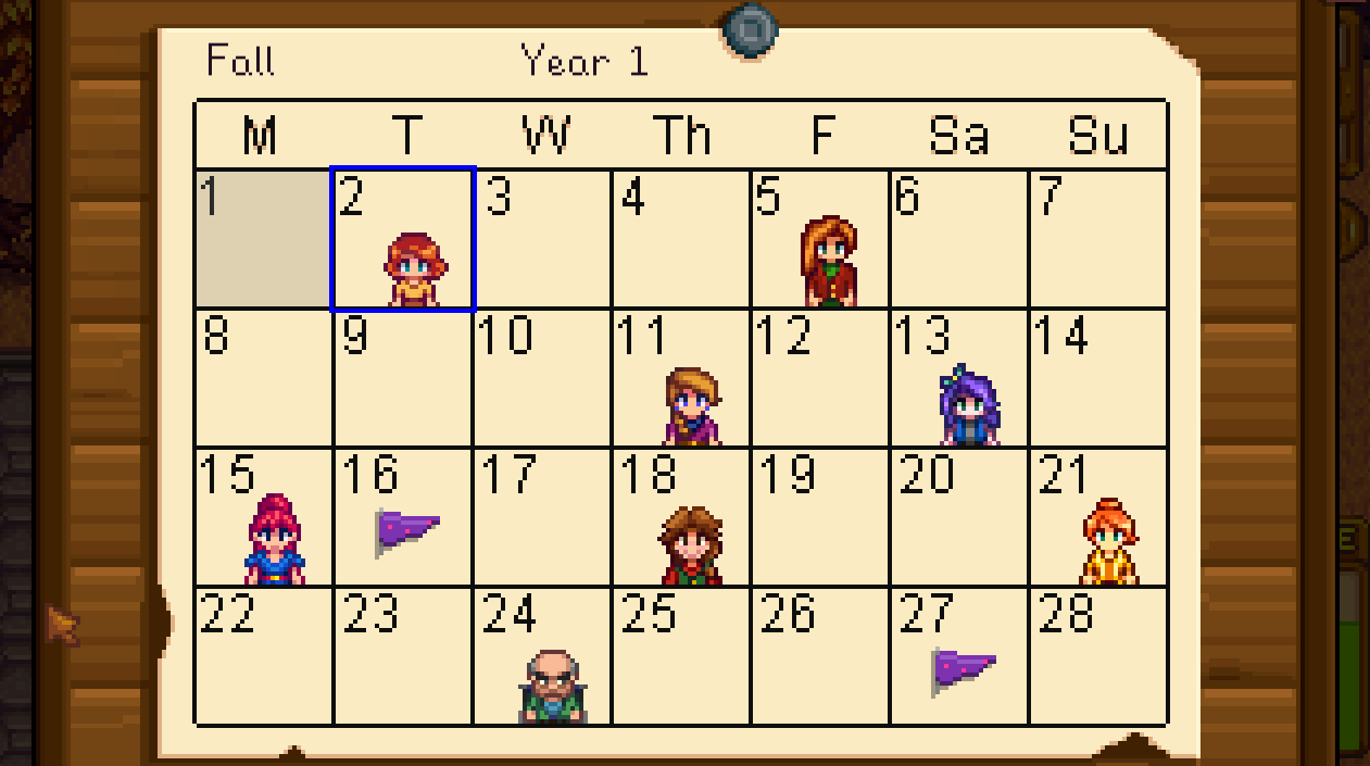 stardew valley birthdays calendar