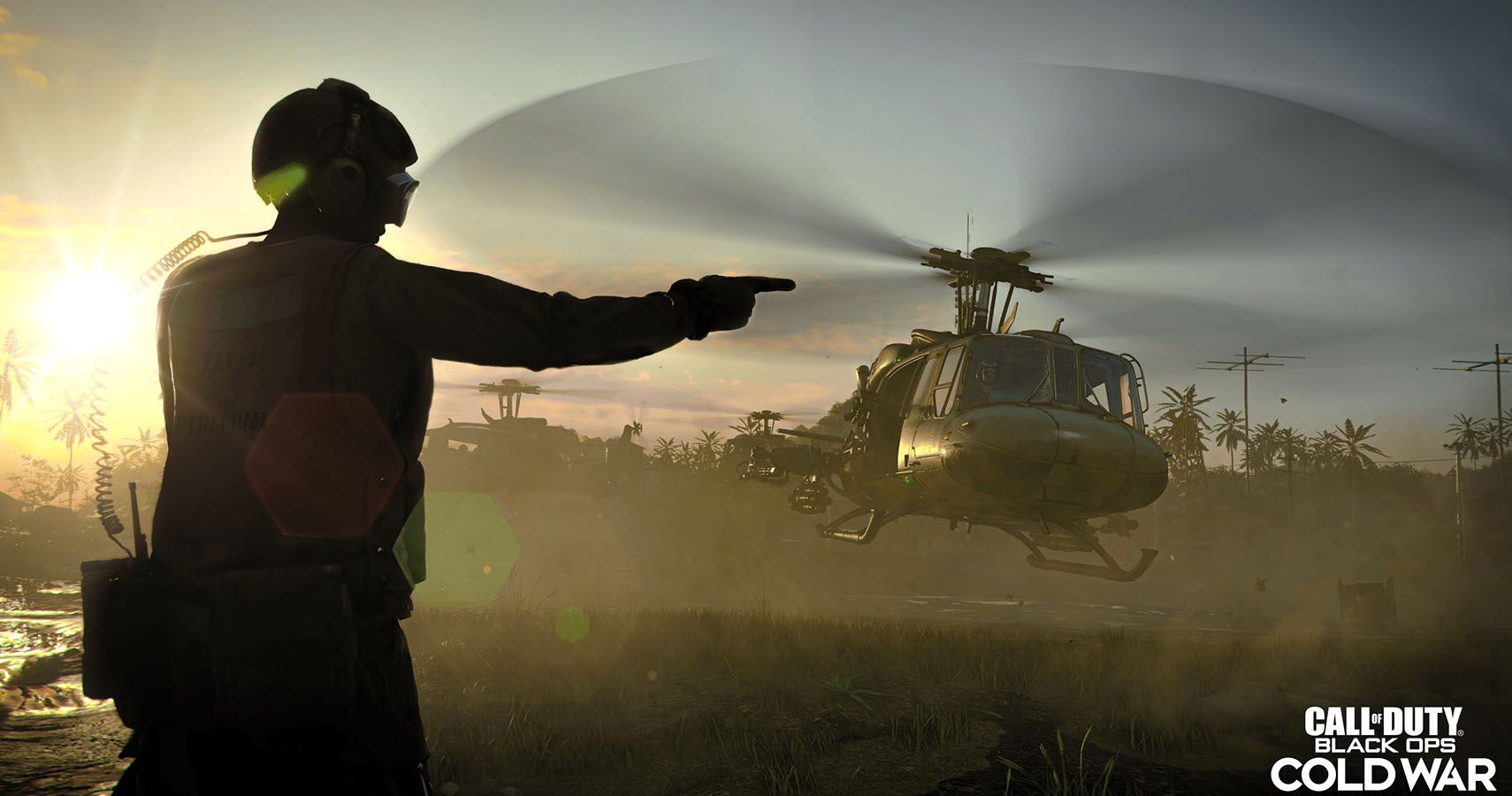 Screenshot from Call of Duty Black Ops: Cold War showing a man directing a helicopter. Image from Activision.