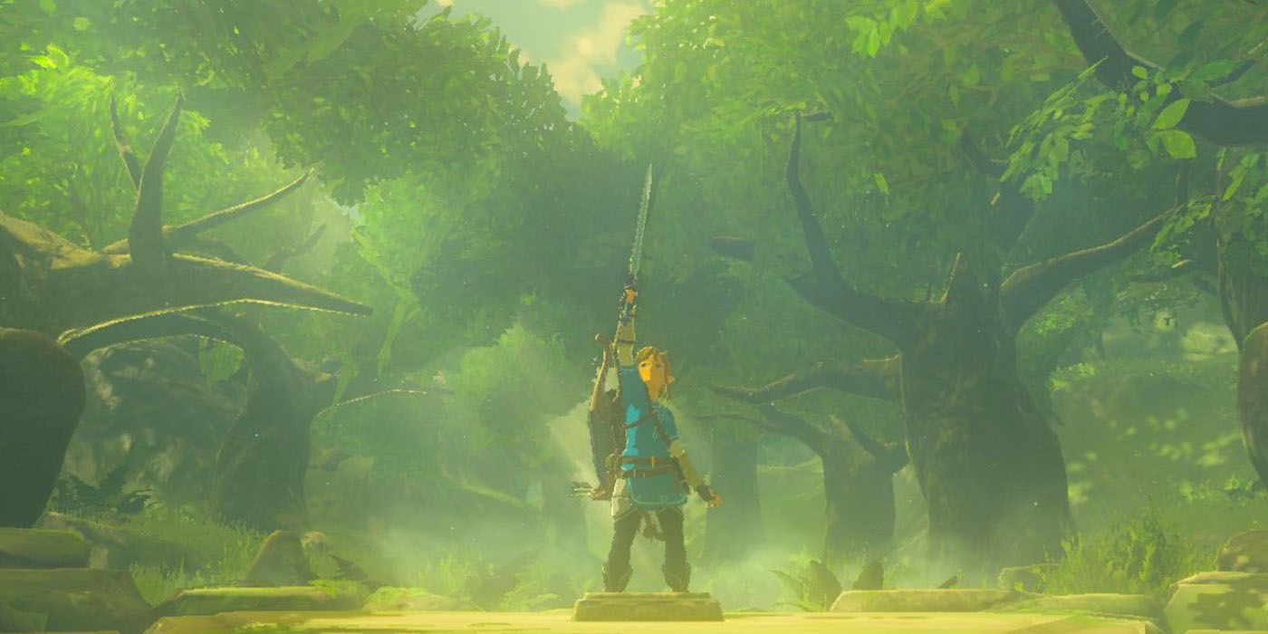 Link holding up the Master Sword after pulling it from the pedestal in BOTW