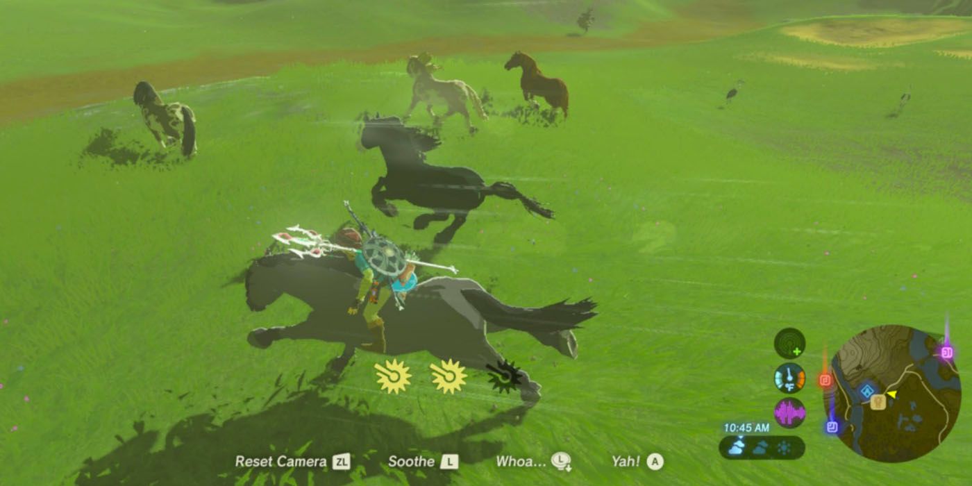 Link riding a horse near other horses.
