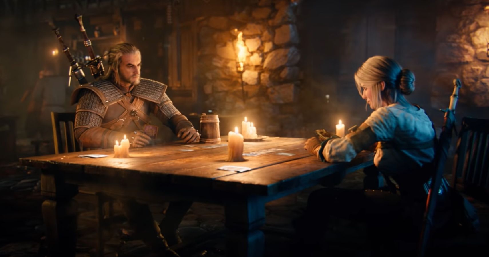 Geralt and Ciri playing Gwent
