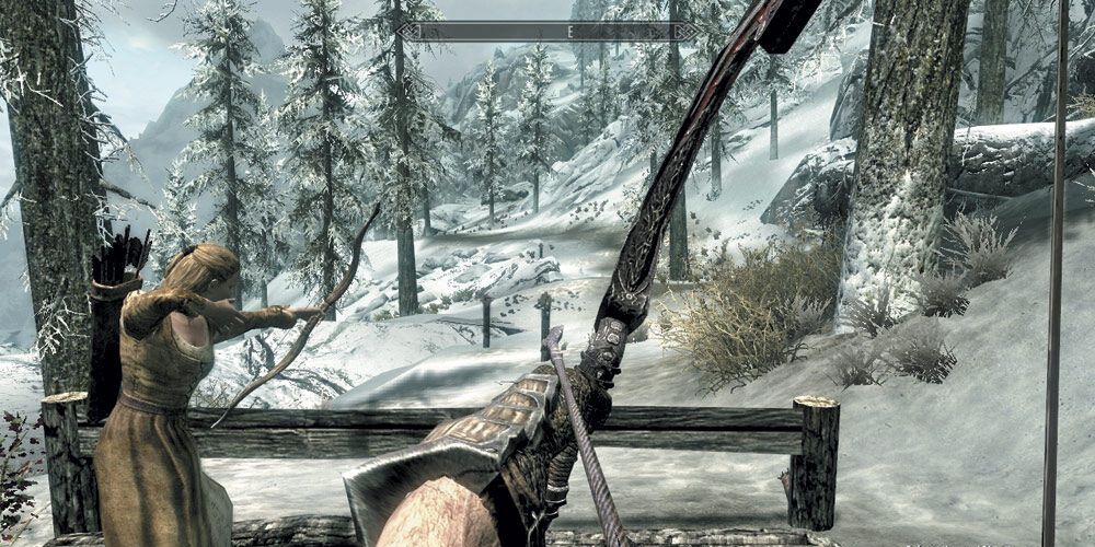 A gameplay screenshot from Skyrim in which the player takes aim with a bow.