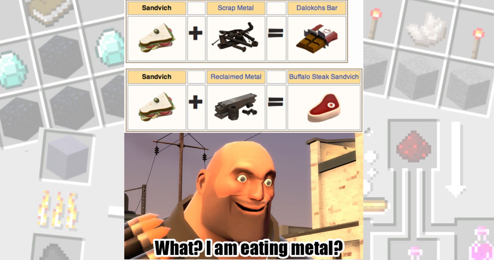 Team Fortress 2 recipes containing iron above an image saying "what, I'm eating metal?"
