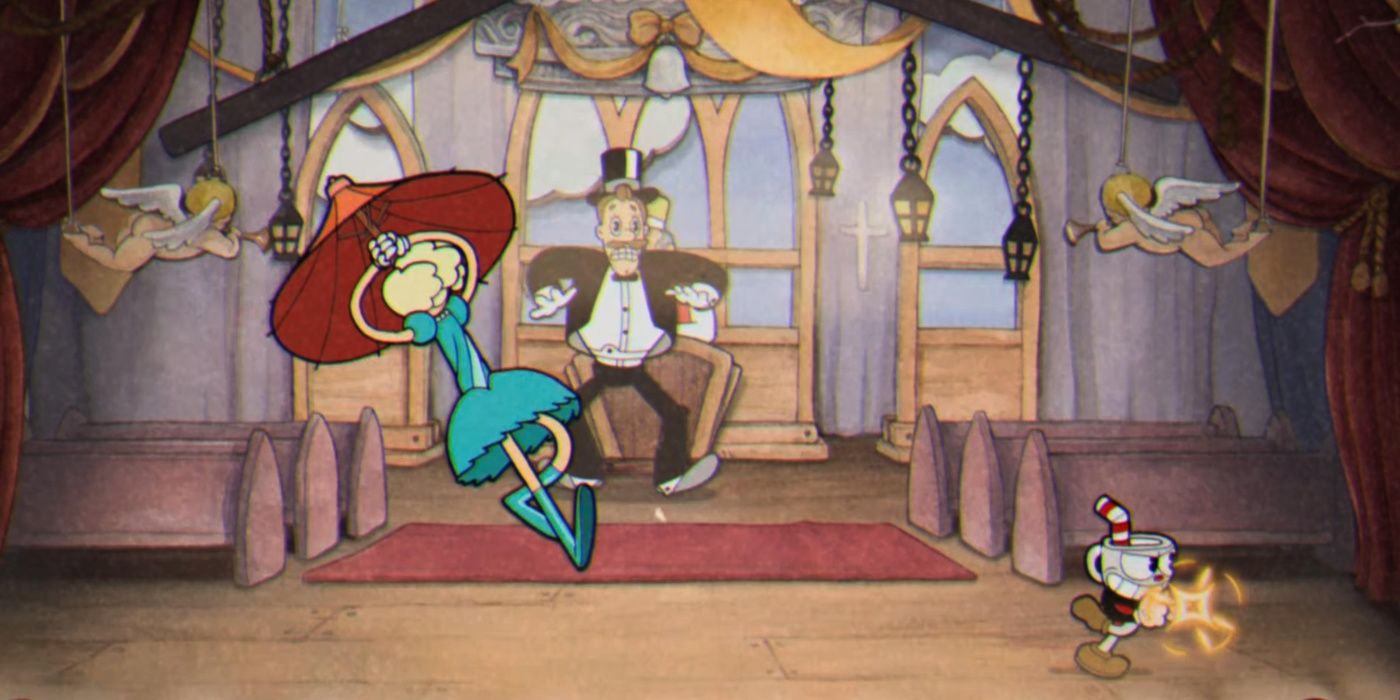 Cuphead Sally Stageplay performs her Yoga Drill-esque attack while fighting Cuphead. 