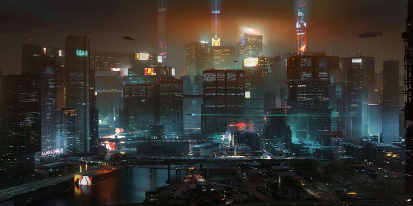 Night City in the evening in Cyberpunk 2077
