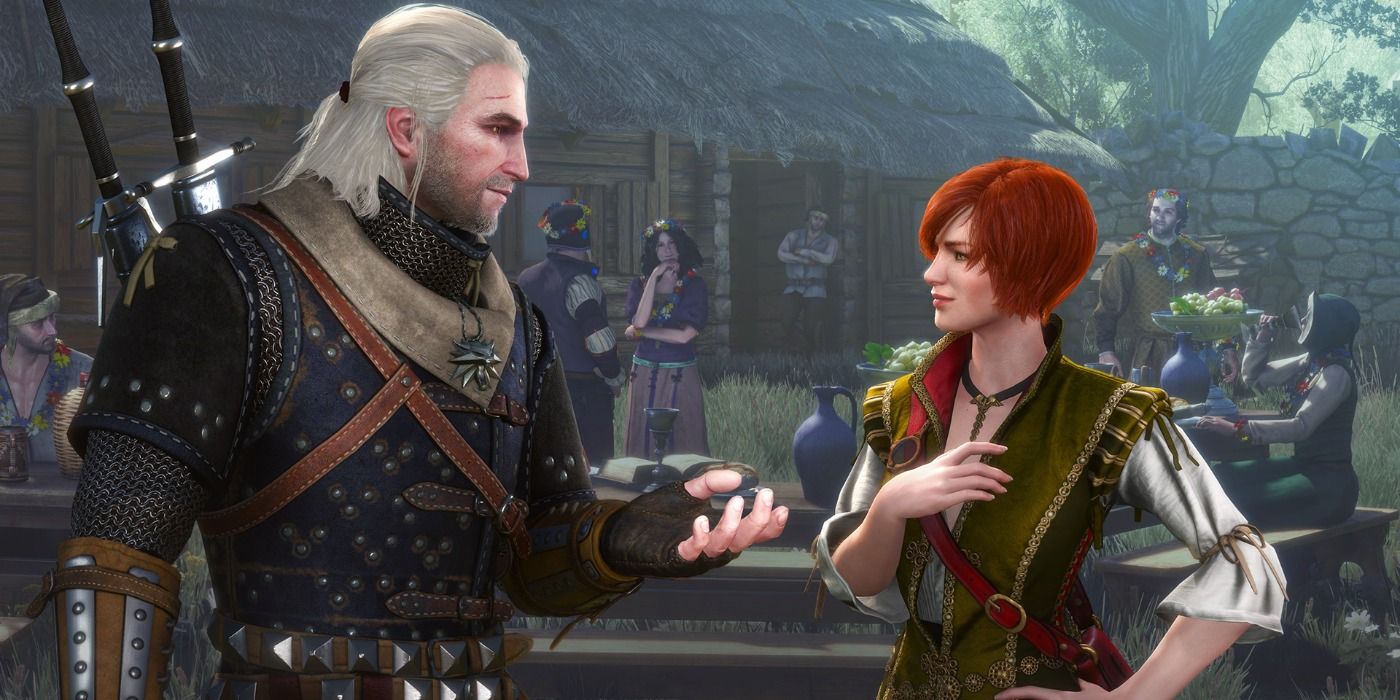 The protagonist of the Witcher 3 Geralt offering his hand to a red-headed NPC
