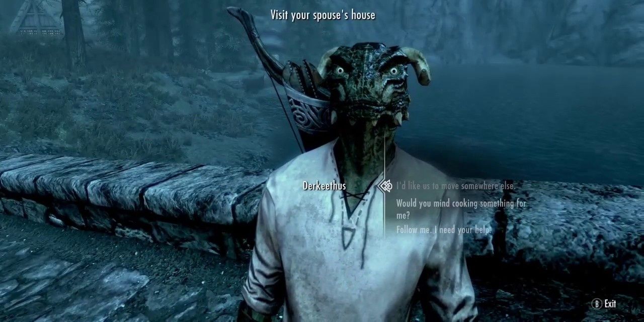 Derkeethus the Argonian in discussion with their spouse, the Dragonborn
