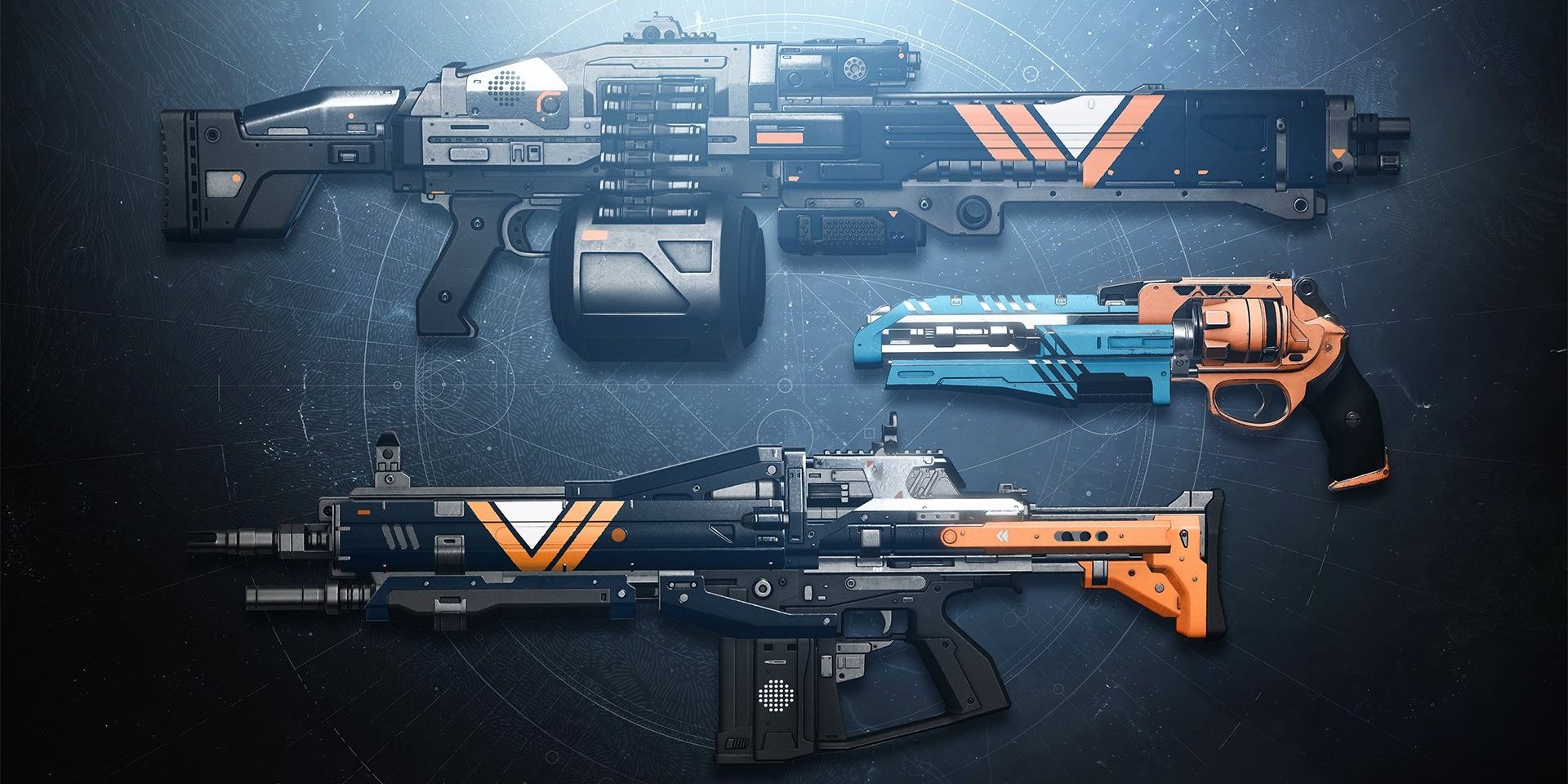 Destiny 2 Season of the Chosen Vanguard branded weapons of a machine gun, hand cannon and assault rifle from top to bottom on a navy background