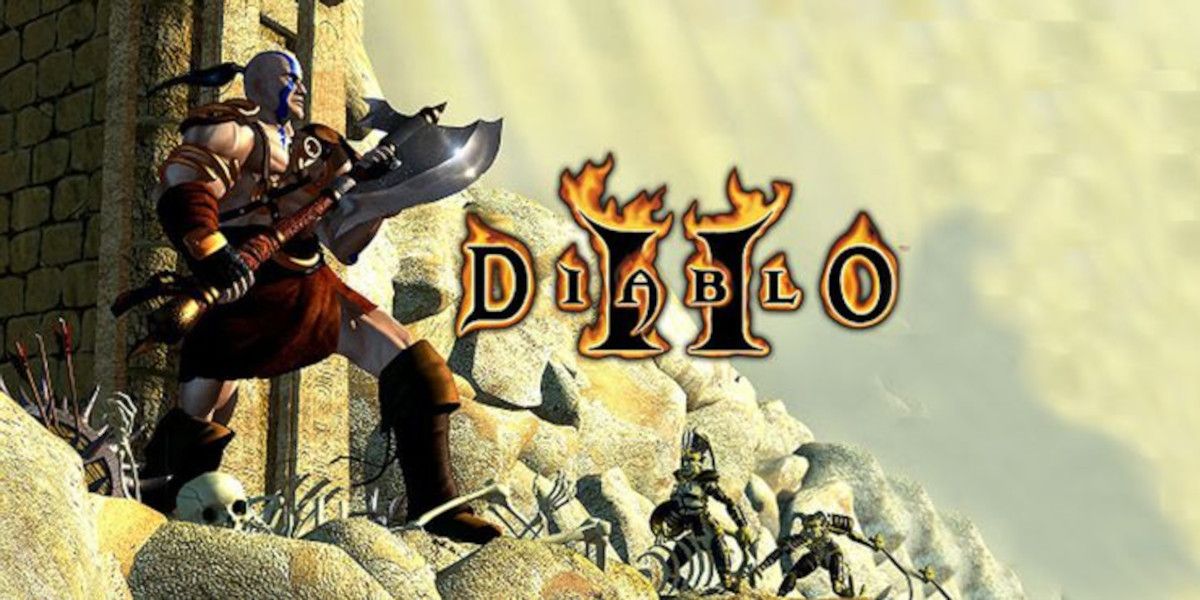 A promotional shot that features a Barbarian in Diablo 2