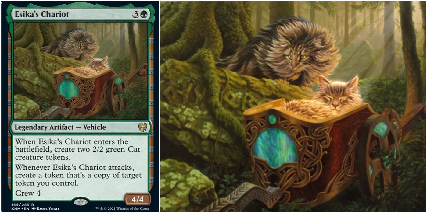 Split image of Esika's Chariot Magic: The Gathering card and the card artwork.