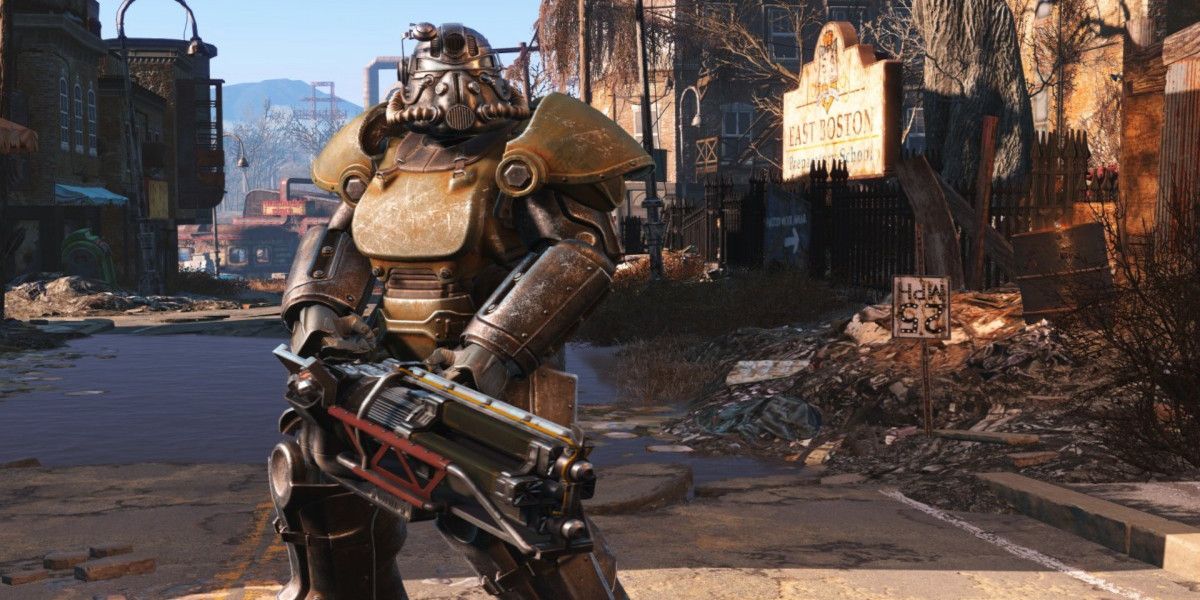 A Brotherhood of Steel follower in full power armor in Boston in Fallout 4