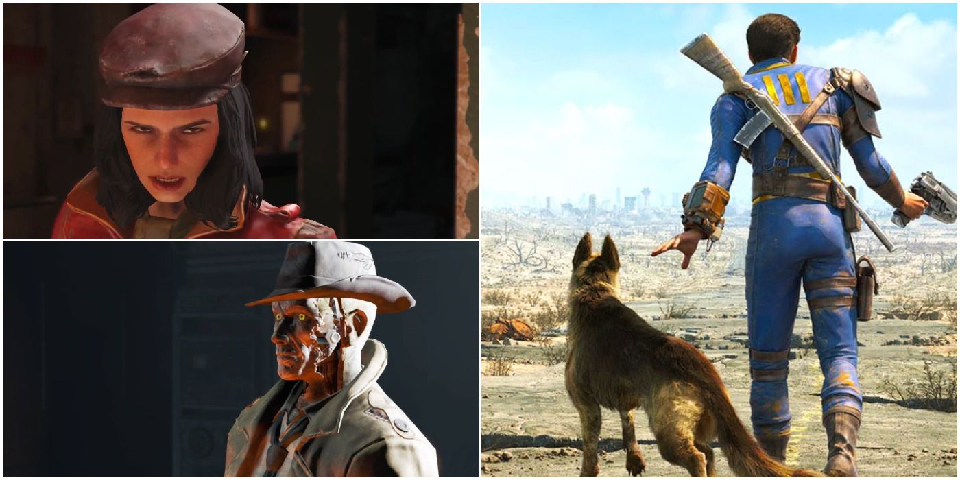 A collage of Fallout 4 featuring Piper, Valentine, and some marketing material