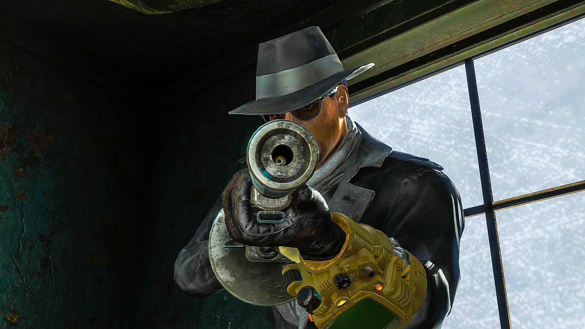 A character wearing a hat and glasses aiming a big weapon at you.