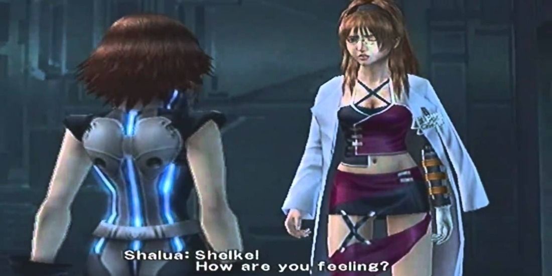 Shalua from a spinoff of Final Fantasy 7 wearing only one sleeve of her lab coat