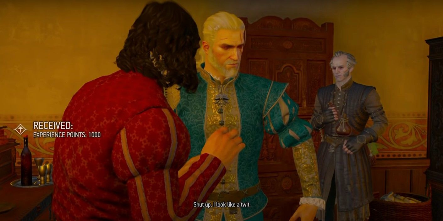 Geralt wearing a fancy Tussaint outfit
