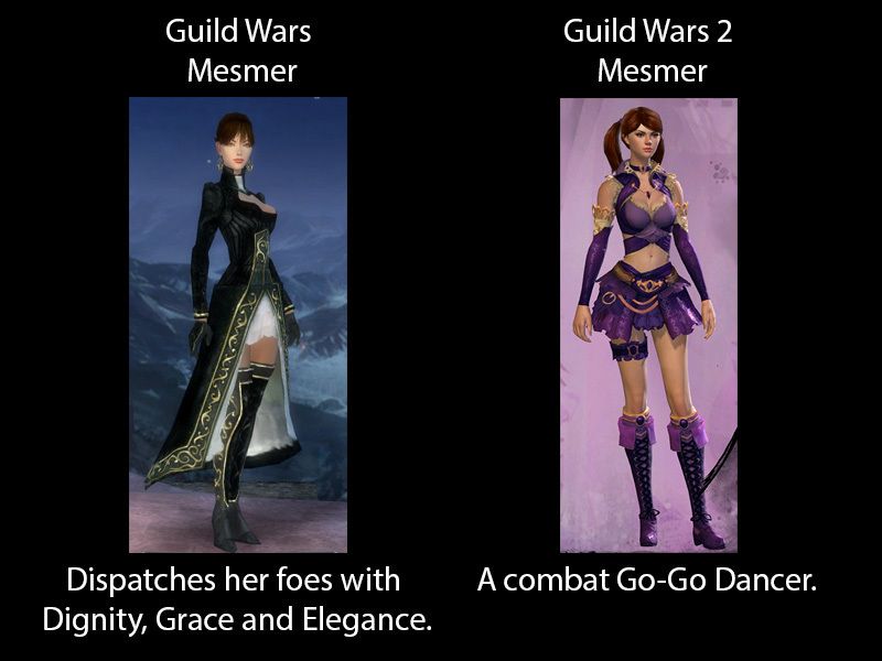 A meme of a mesmer from Guild Wars and a mesmer from Guild Wars 2.