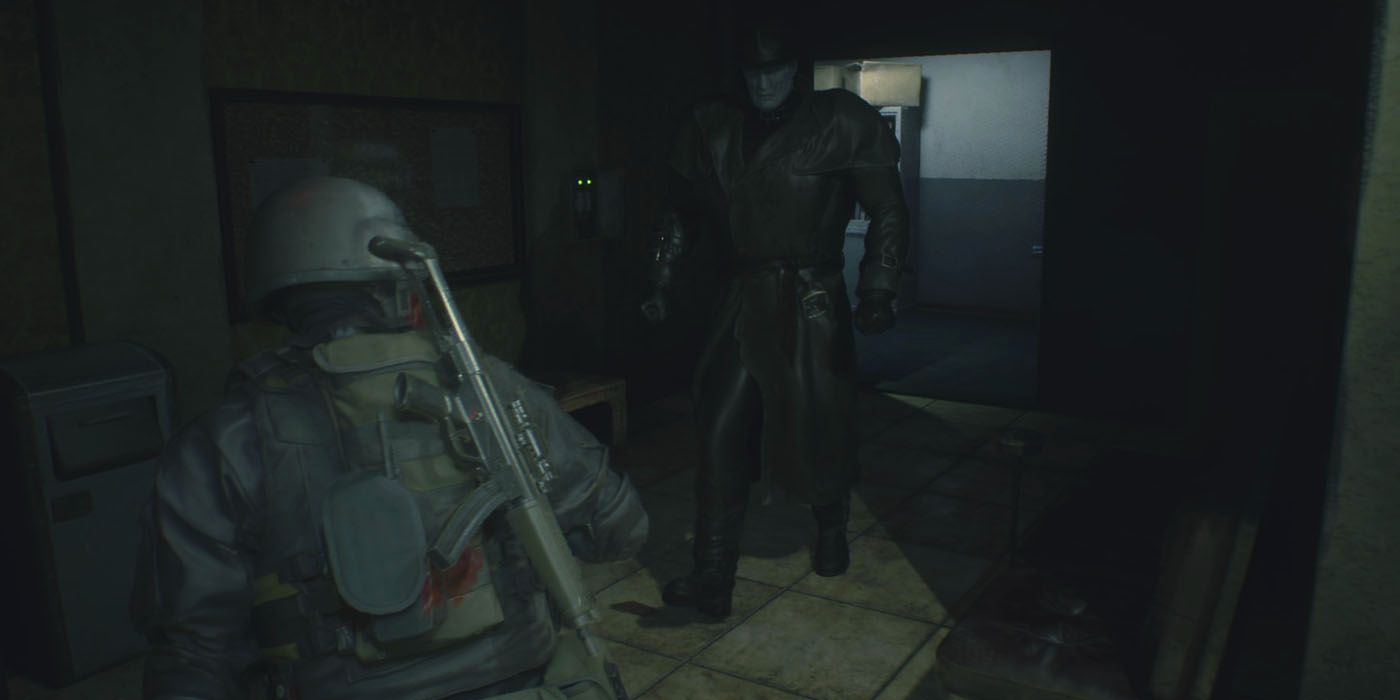 HUNK facing against Mr. X from the 4th Survivor mode in the Resident Evil 2 remake.