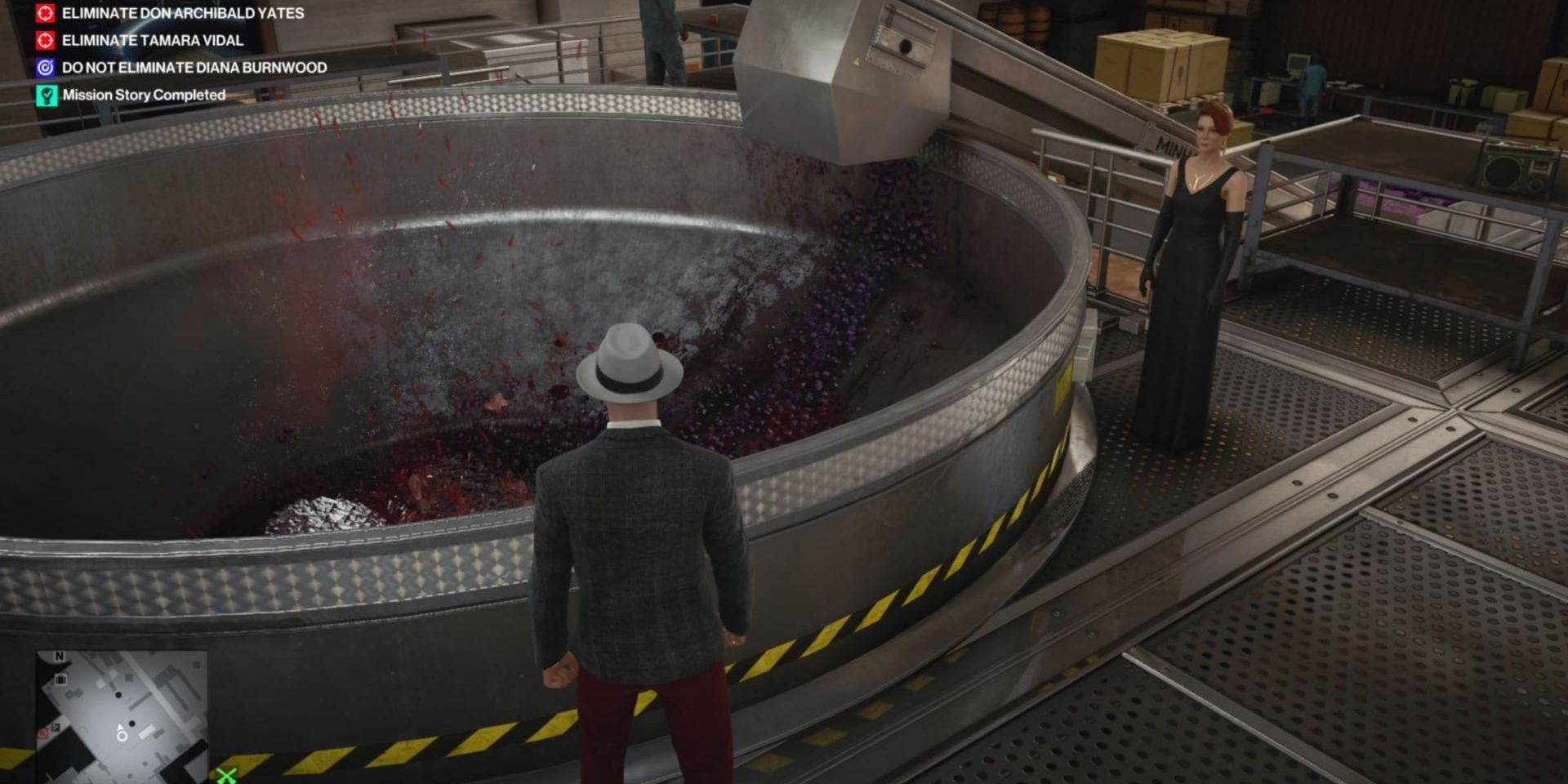 Agent 47 done throwing the target into the grape crusher machine as Diana watches