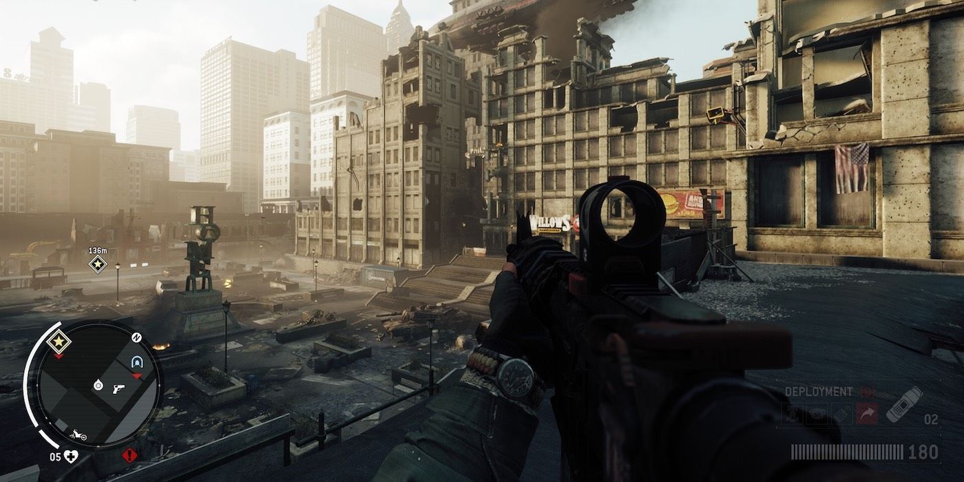 The player character holding an assault rifle standing next to a destroyed building, with an objective marker and minimap.