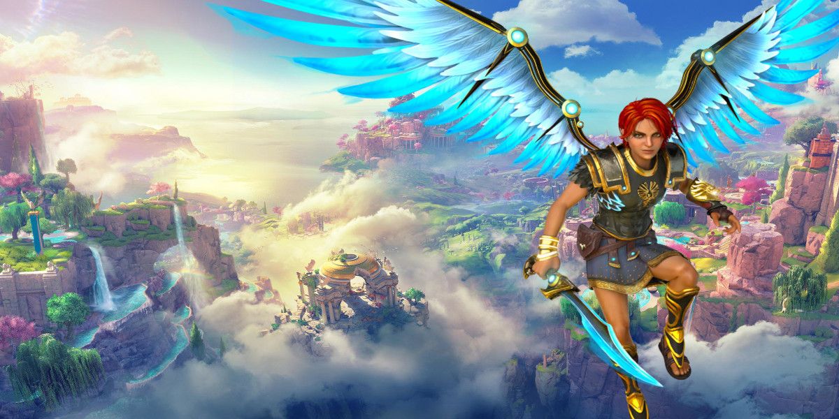 Fenyx gliding in the air high above the world in Immortals Fenyx Rising