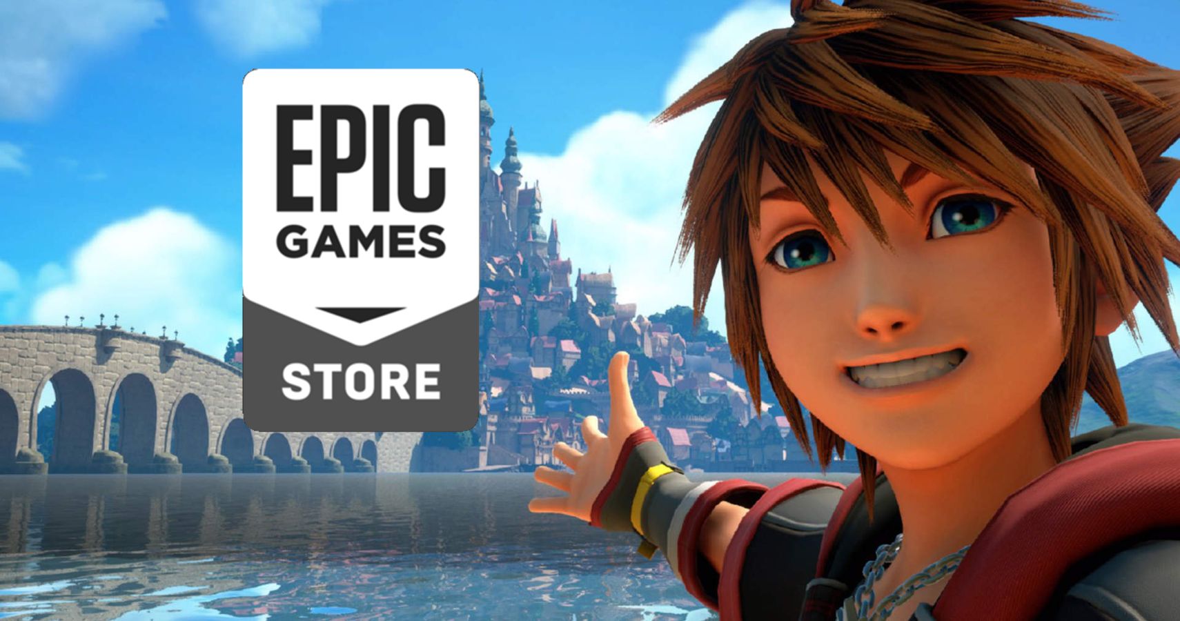 Sora gesturing at a Epic Games Store logo