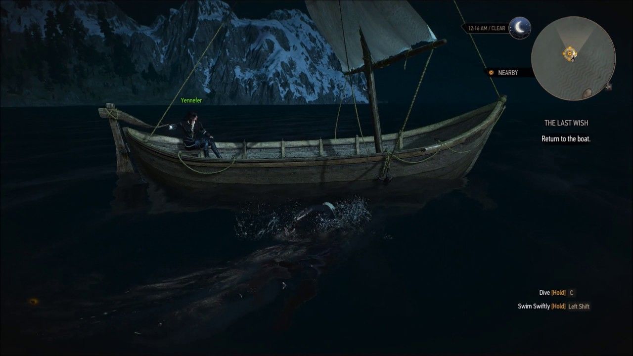 Yennefer on the boat with Geralt swimming toward her