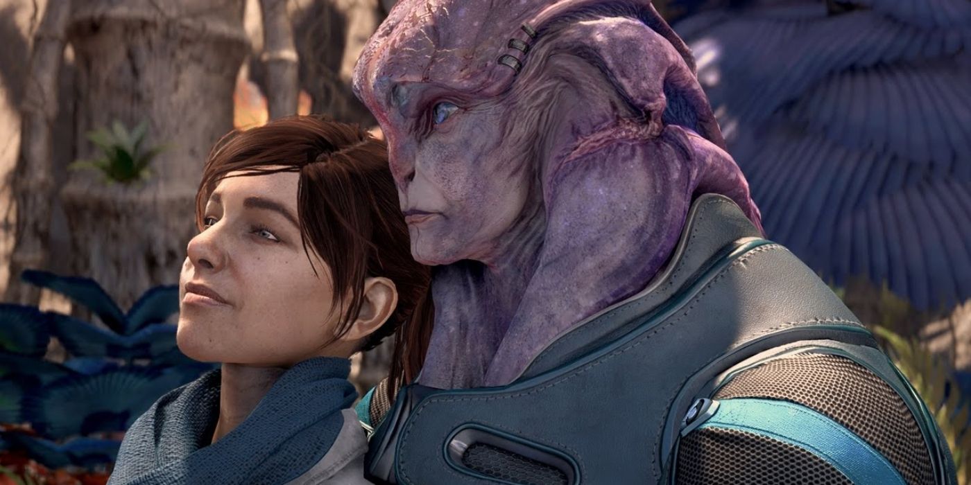 Mass Effect Andromeda Jaal sostiene a Ryder