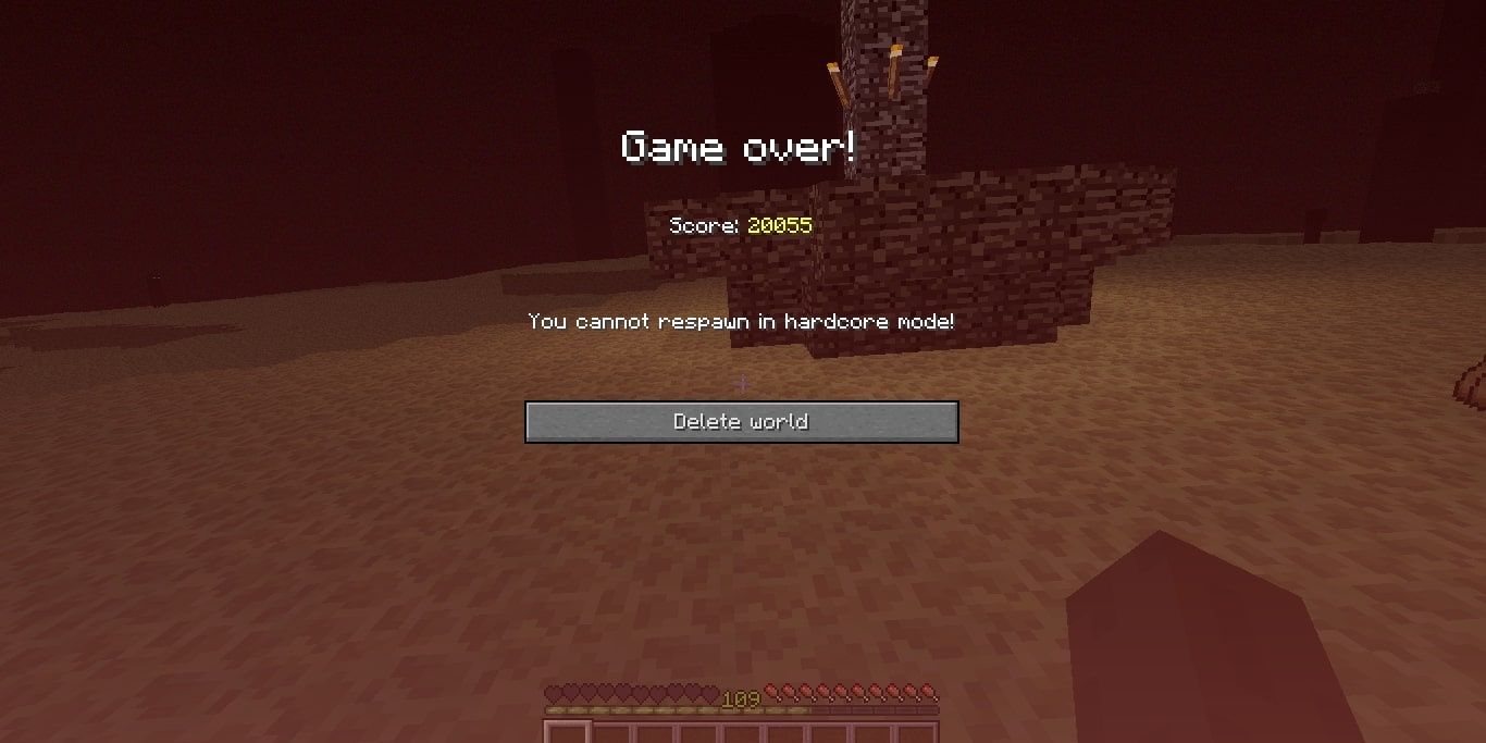 Hardcore mode death screen in Minecraft