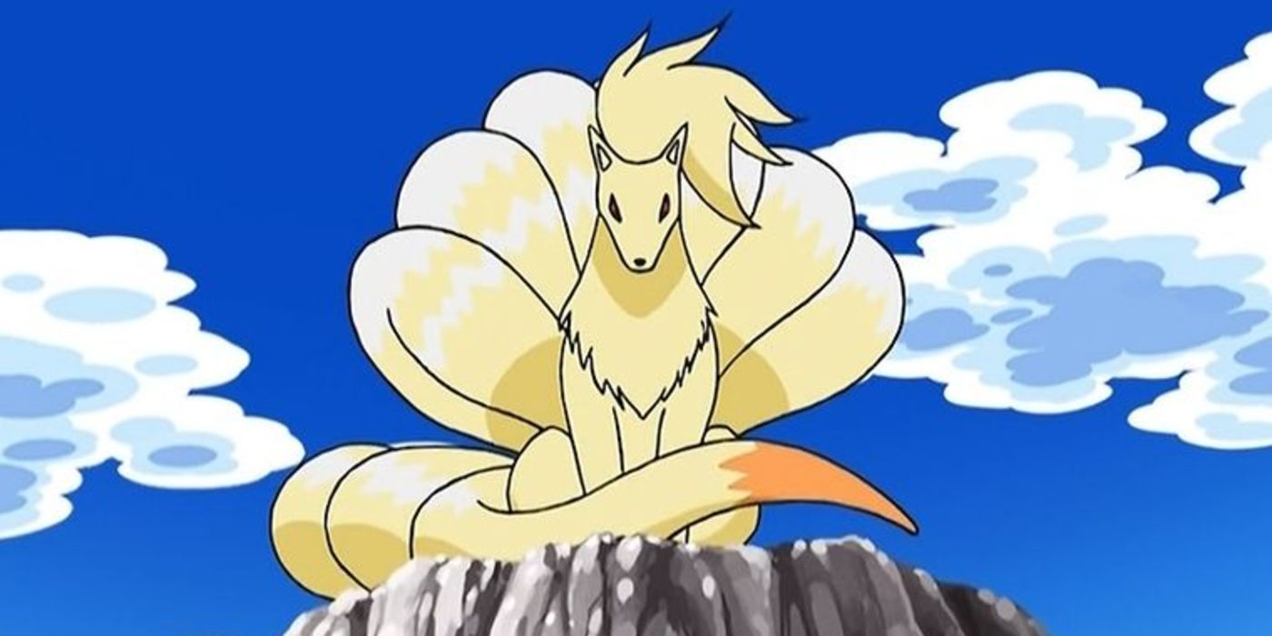 Ninetales sitting on a high rock like a benevolent ruler in the Pokemon anime