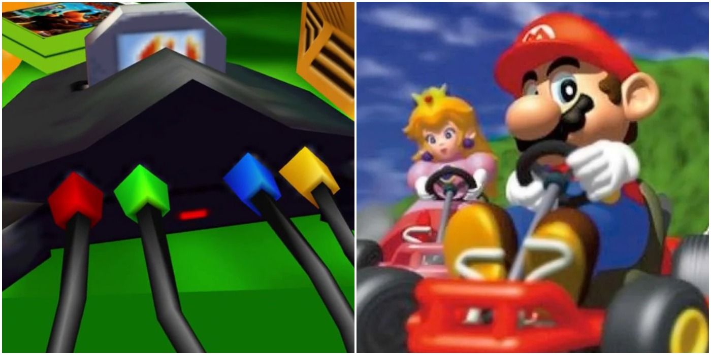 The Nintendo 64 with four controllers in Banjo Tooie and the opening screen of Mario Kart 64