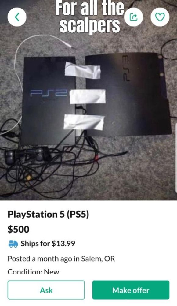 A funny meme about scalpers using two older consoles