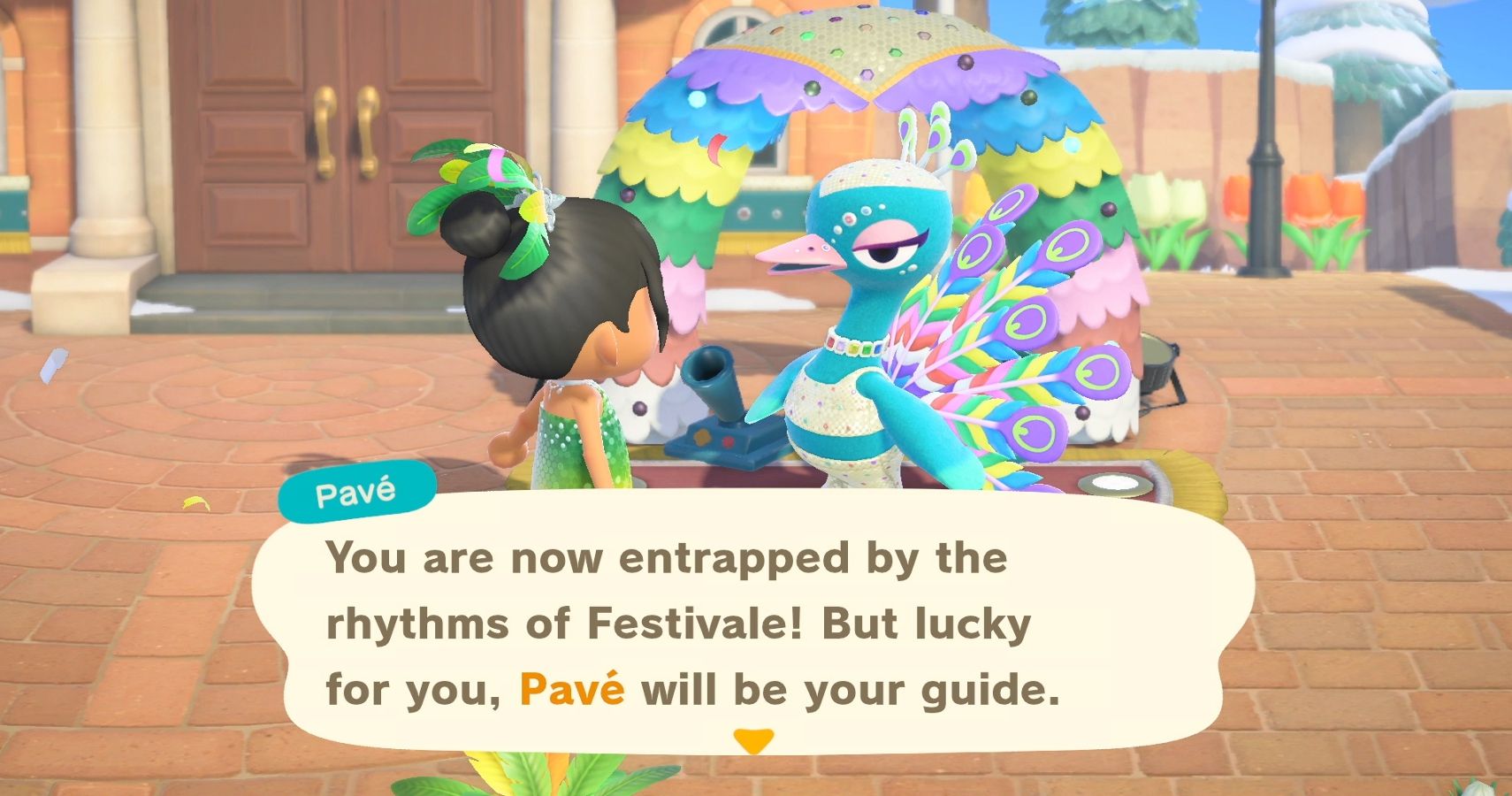 Screenshot of conversation with character Pavé who is celebrating Festivale in the town plaza.