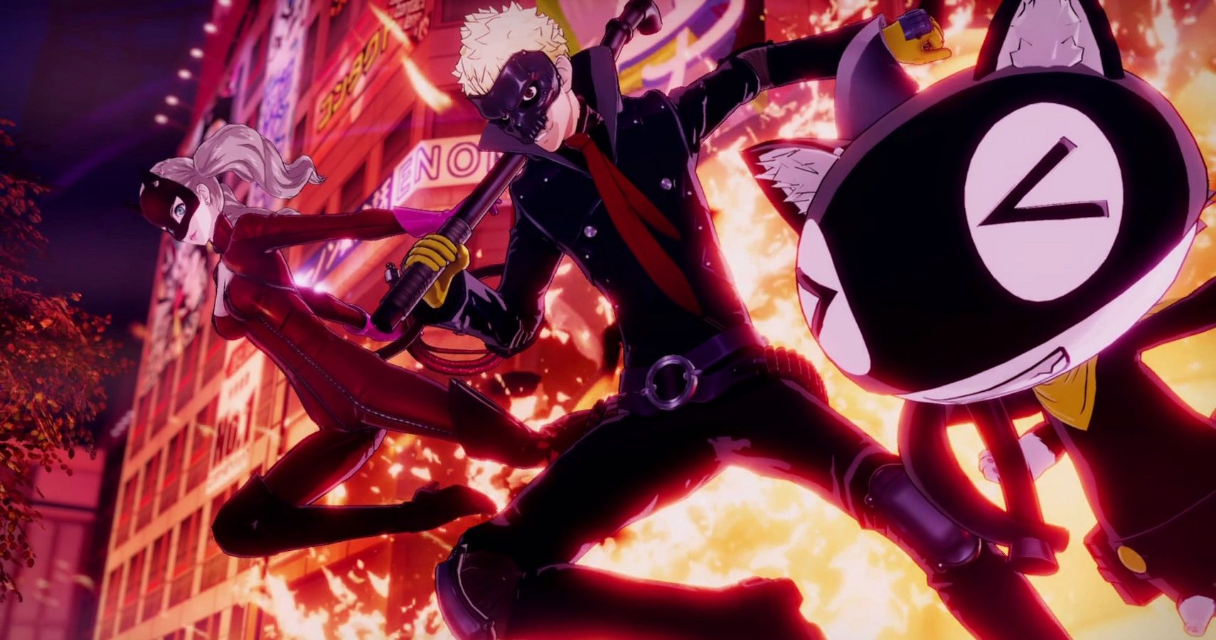 Persona 5 Strikers Panther, Skull and Mona jumping away from an exploding building.