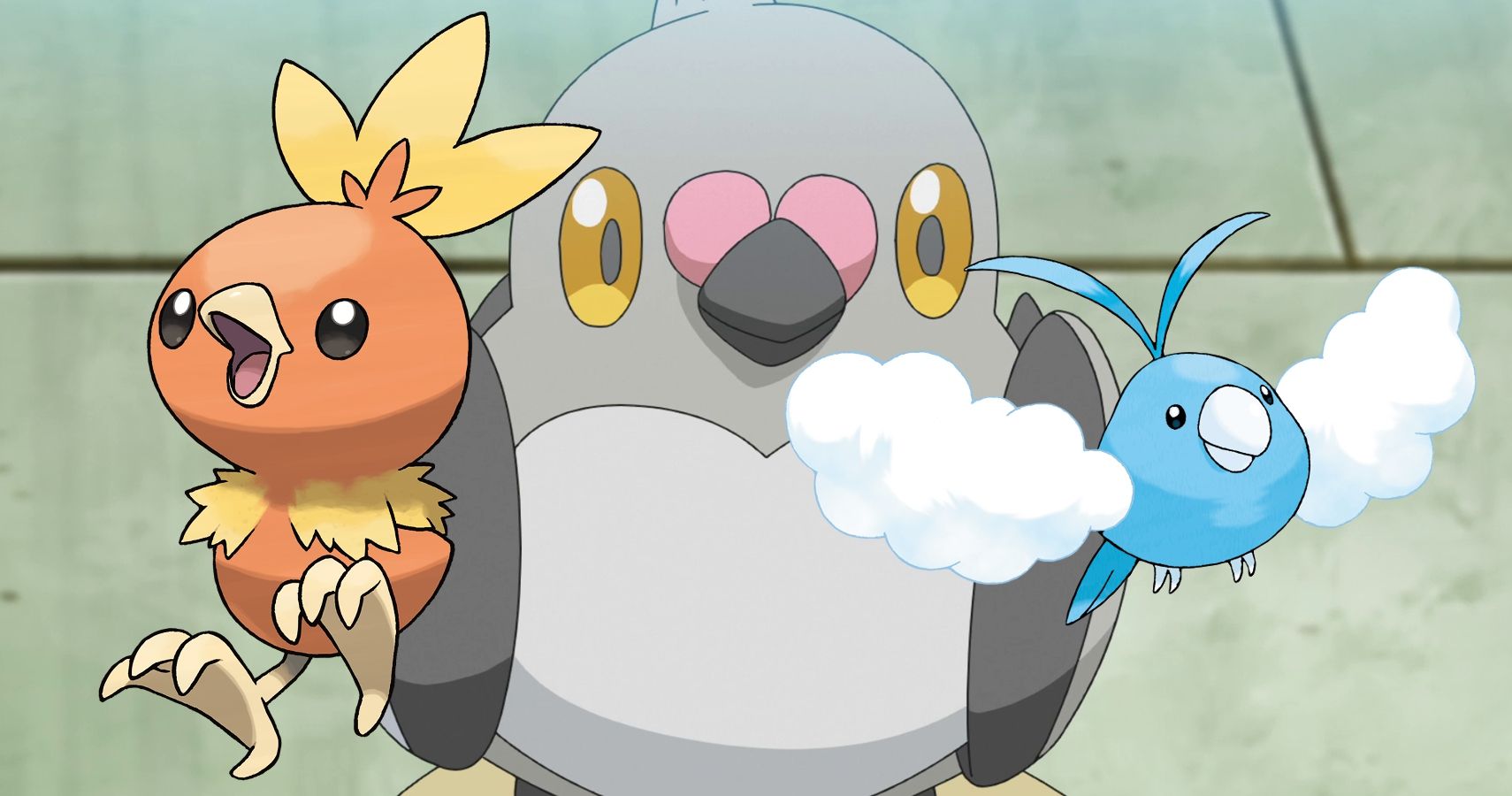A screenshot of Pidove from the Pokemon anime with Torchic and Swablu added in next to it via photoshop