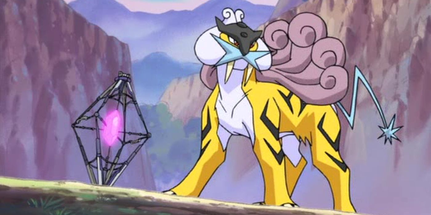 Raikou standing by a pink evil crystal in the Pokemon Anime