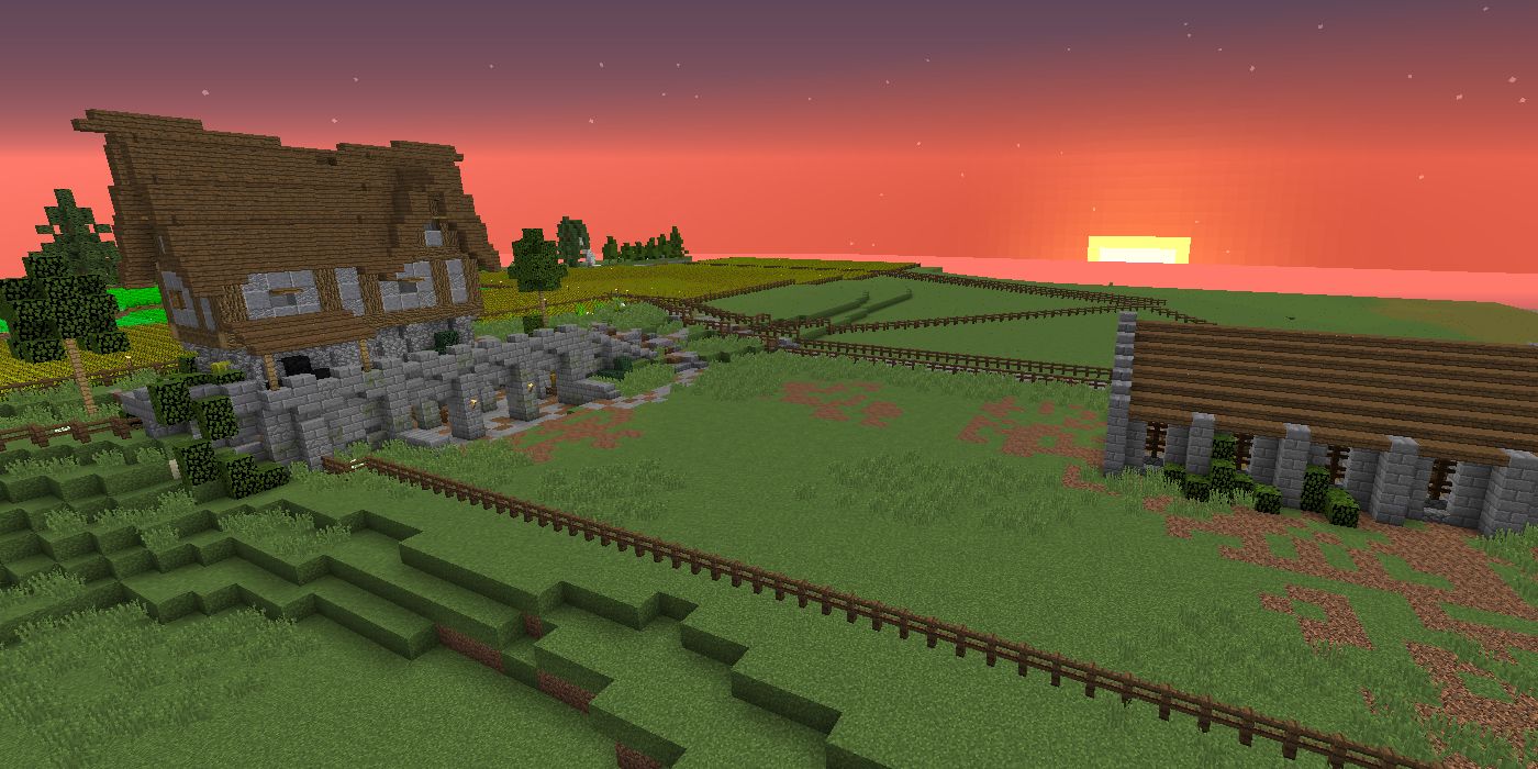 Sun setting on Minecraft ranch