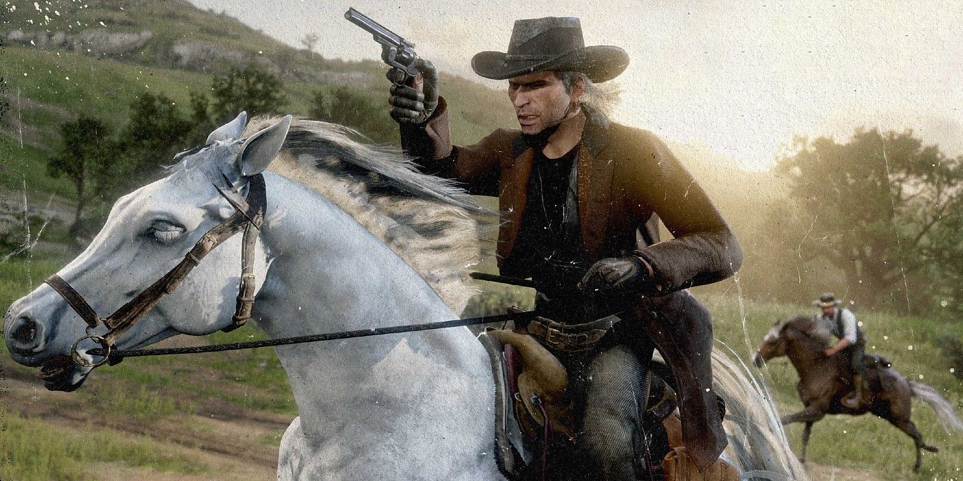 red dead online cowboy riding a white horse and shooting a revolver