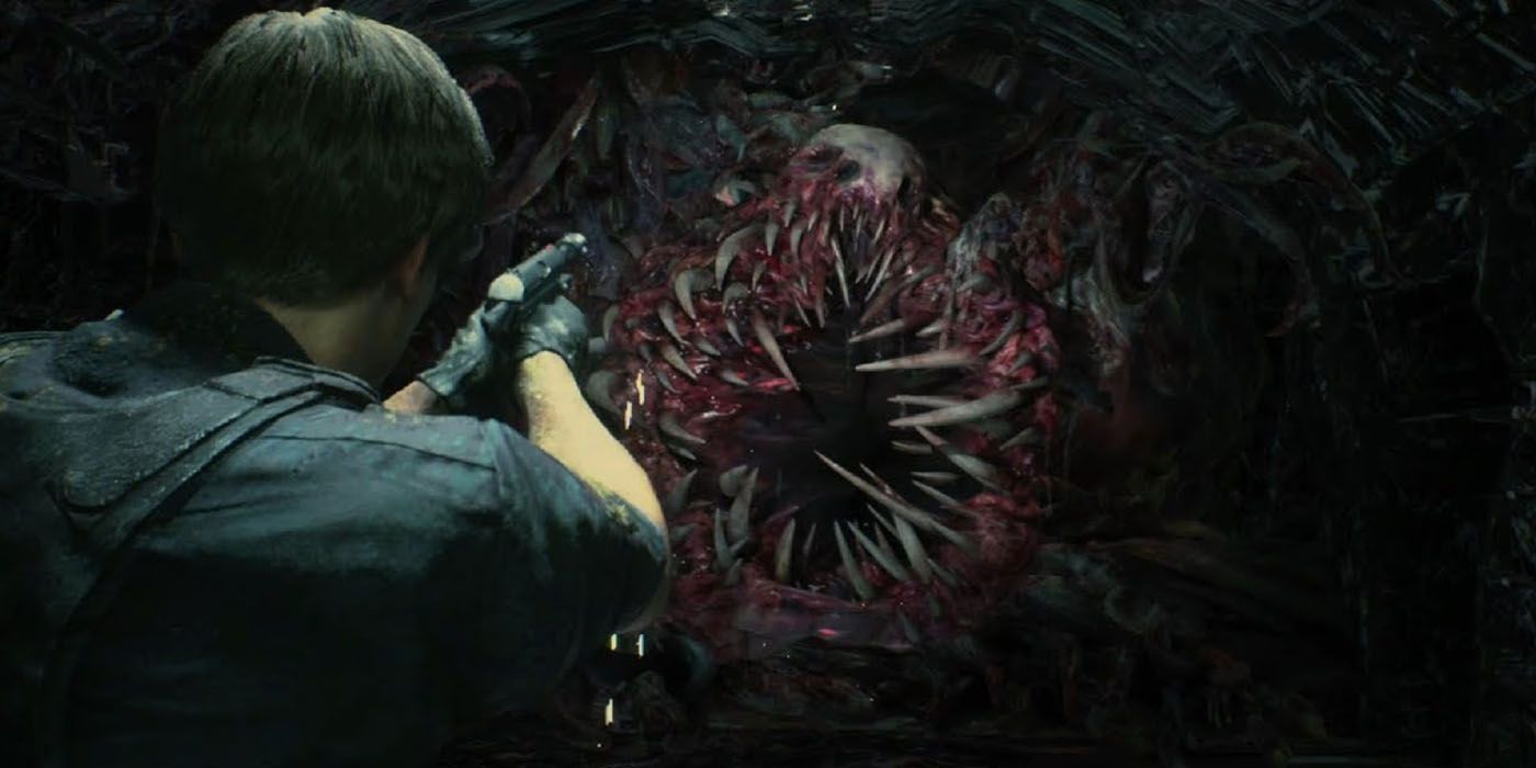 Leon aiming his gun at William Birkin in Resident Evil 2 Remake