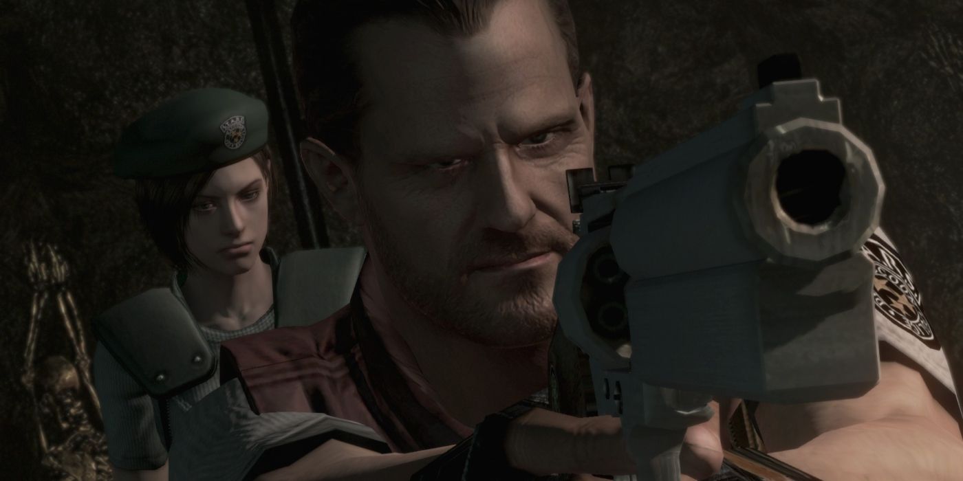 Resident Evil Remake Screenshot Barry Burton With Gun In-fornt Of Jill