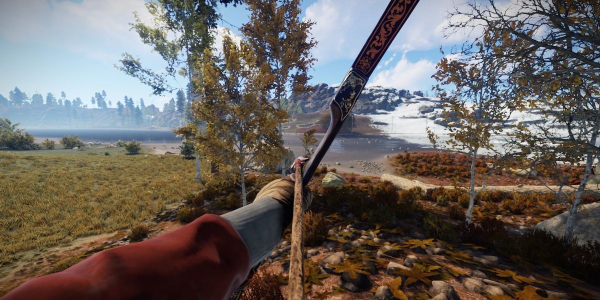 A screenshot of a player using the bow and arrow in Rust