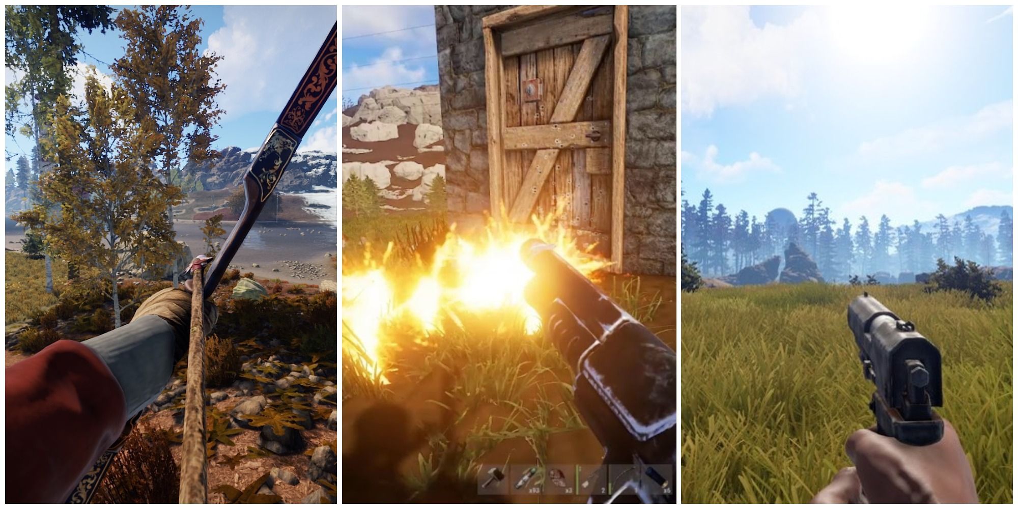 A collage of three different weapons in Rust game