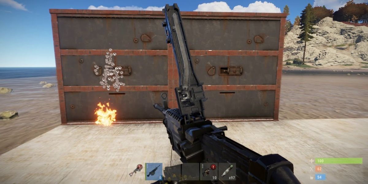 A screenshot of a player using the LMG in Rust