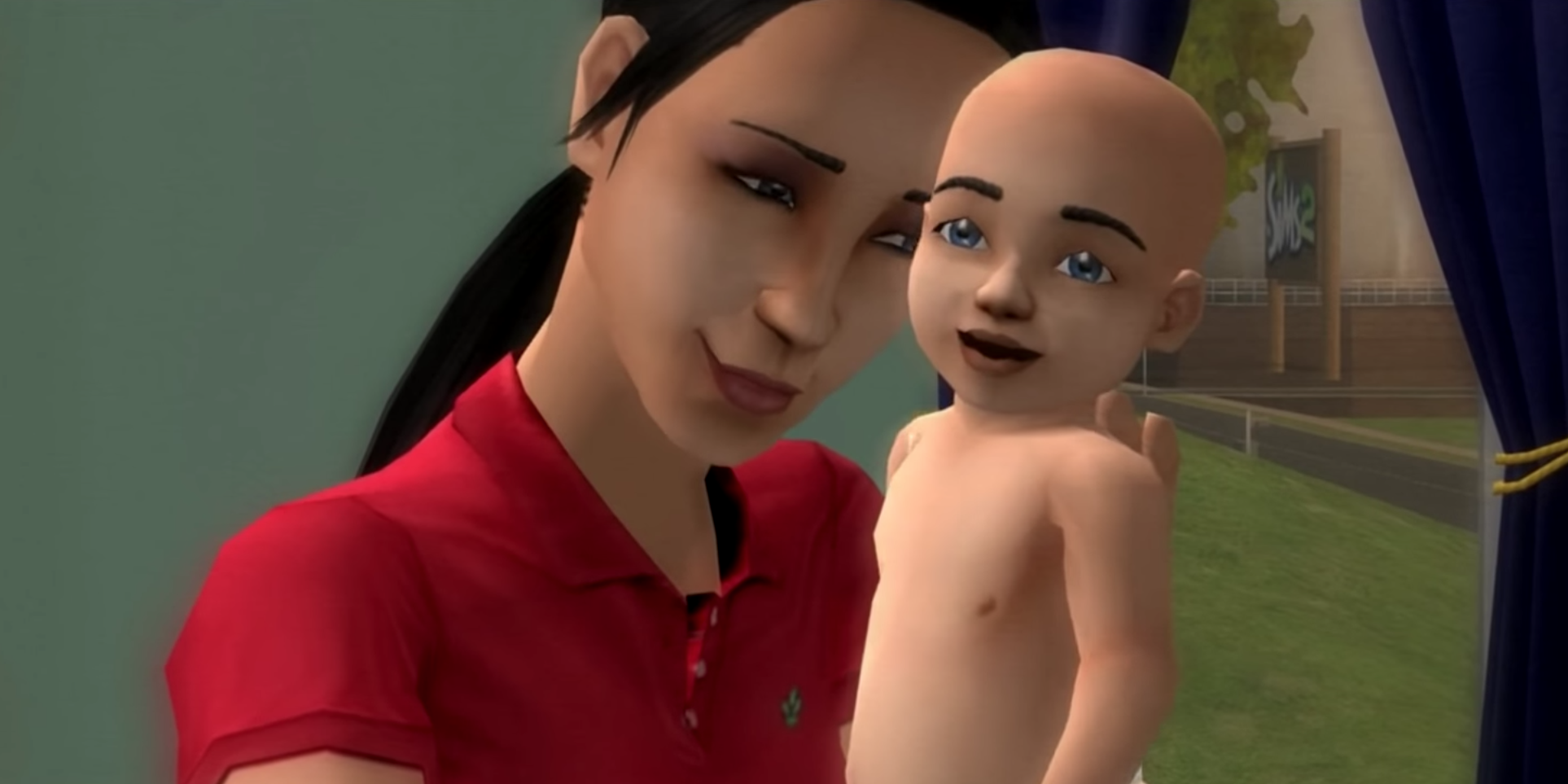 A female Sim holding her baby in The Sims 2