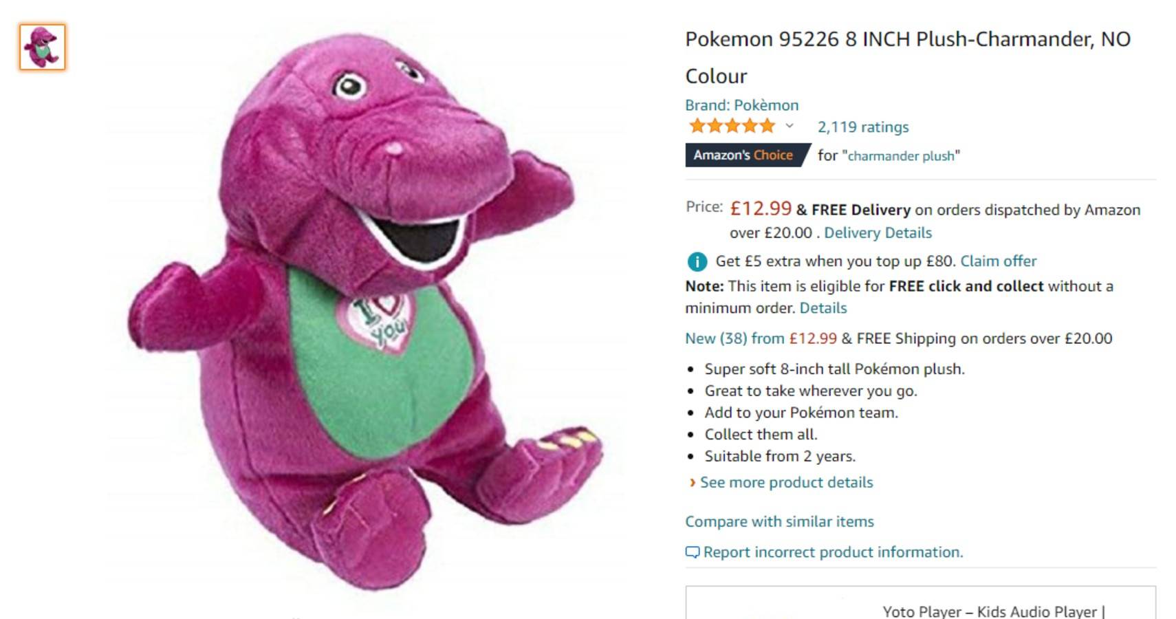 Aw Shucks Amazon S Charmander Plush Is Actually Barney The Dinosaur