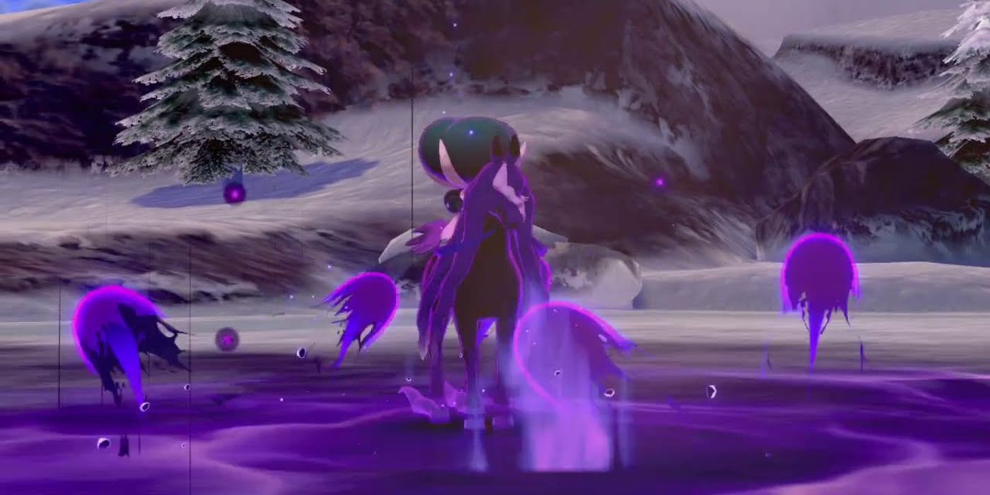 Shadow Rider Form Calyrex Using Astral Barrage against Spectrier in Pokemon Sword & Shield: The Crown Tundra