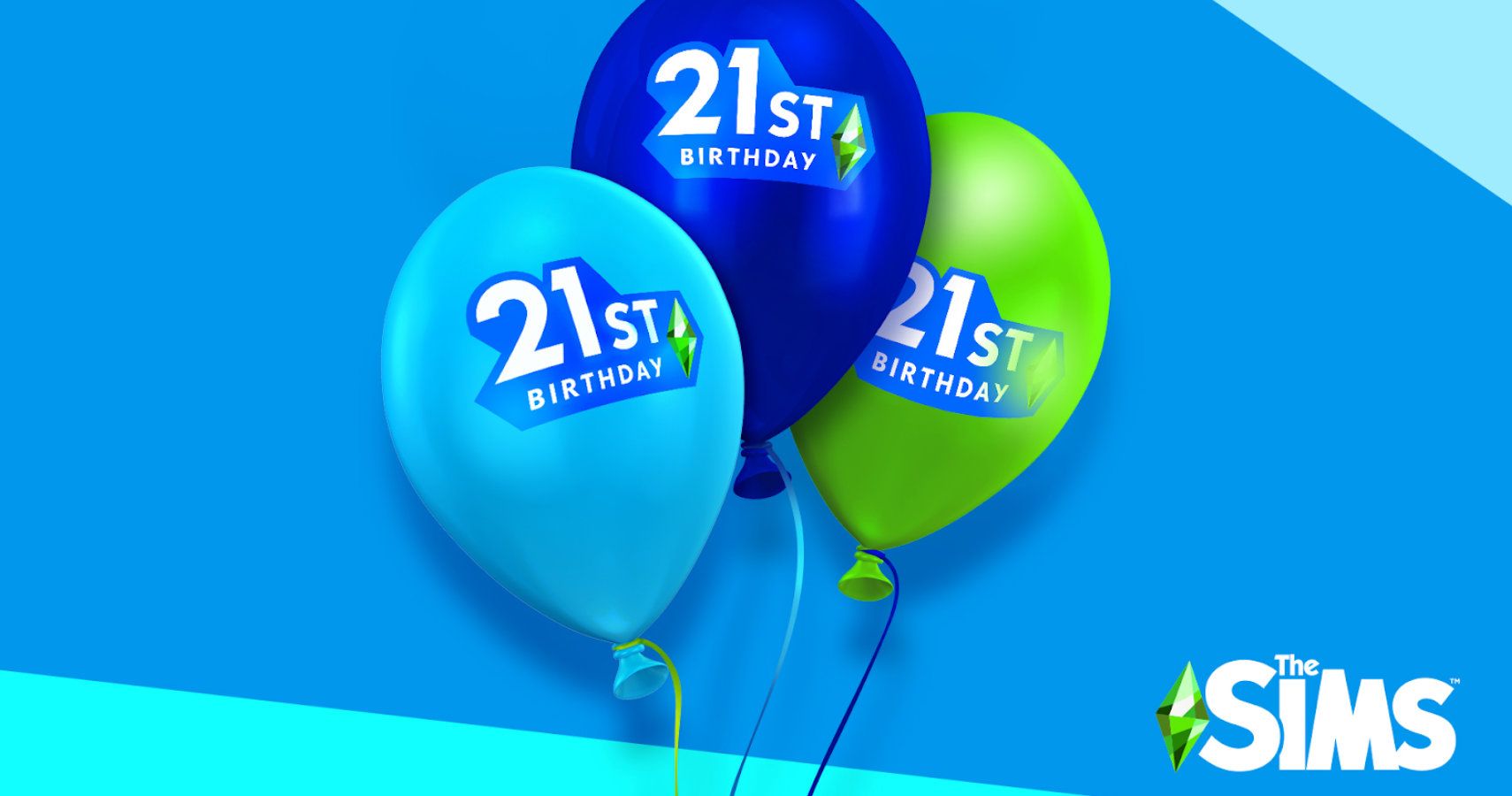 3 balloons with 21st birthday and a plumbob on them against a blue background..