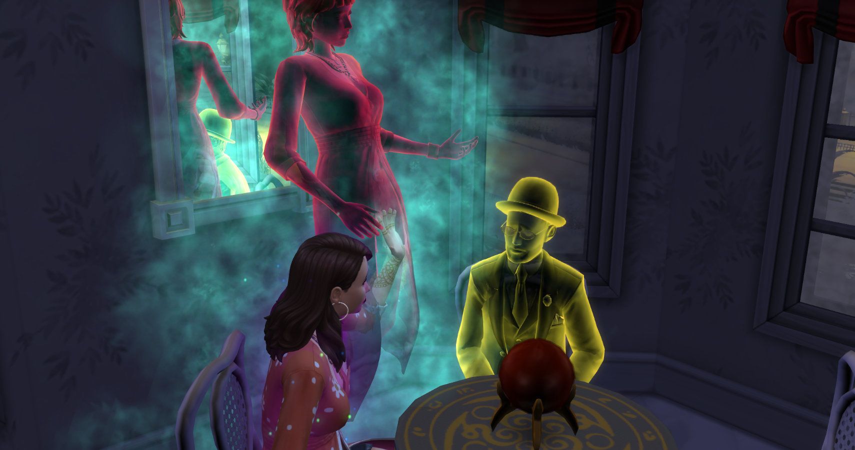 Temperance appears as a Sim chats wioth a ghost.