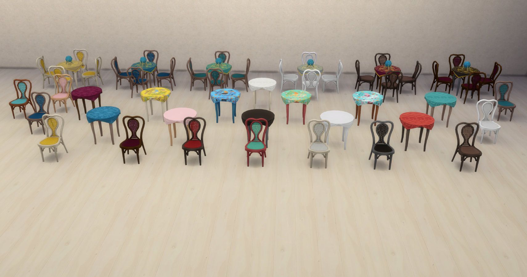 Seance table and dining table with chairs. All swatches shown.