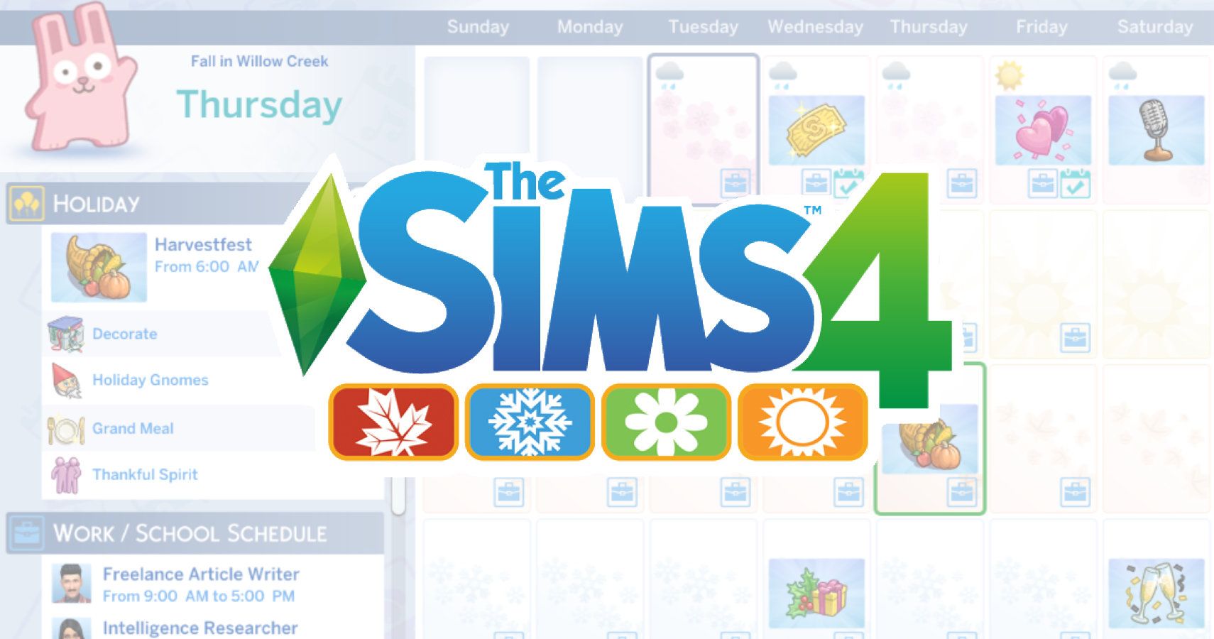 A faded calendar with a sims 4 seasons logo over the top.